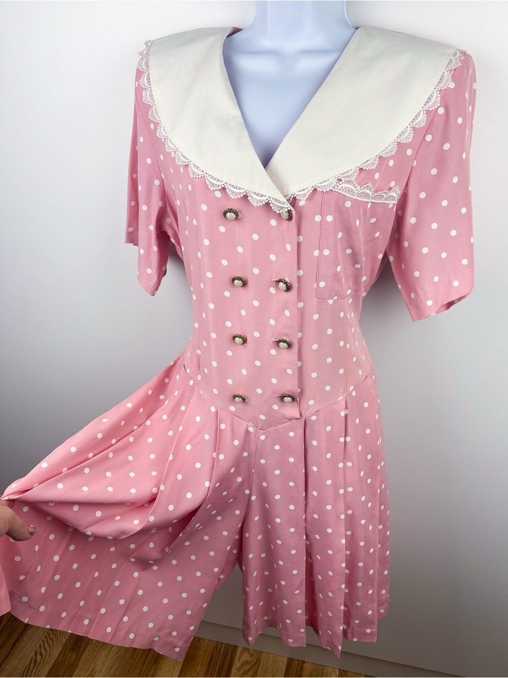 Vintage 80s Polka Dot Lace Collar Button Pink White Romper Coquette Retro Barbie - Picture 10 of 10
